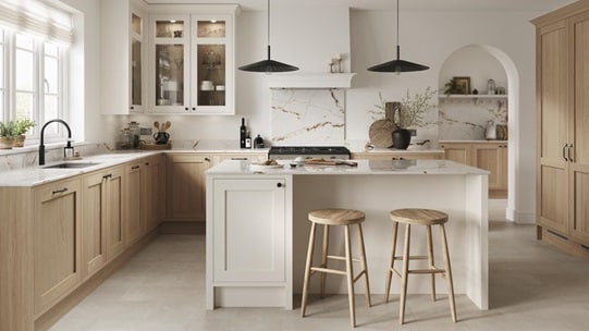 An oak shaker kitchen with in-frame doors with white cabinet island. It is finished with a white worktop and black handles. 