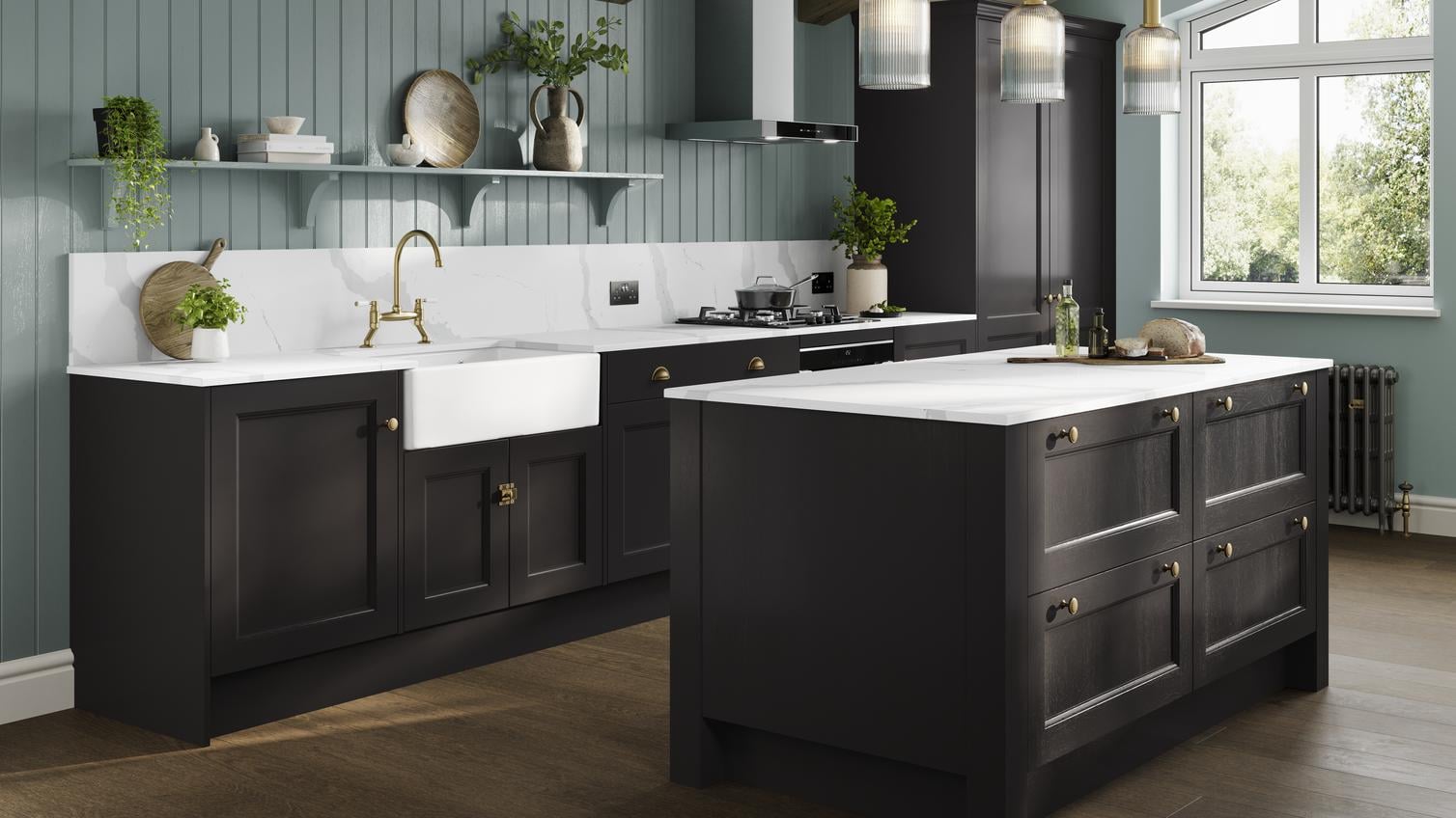 A black shaker kitchen in an L-shaped layout with a dusk blue island. There are black worktops and dark oak flooring. 