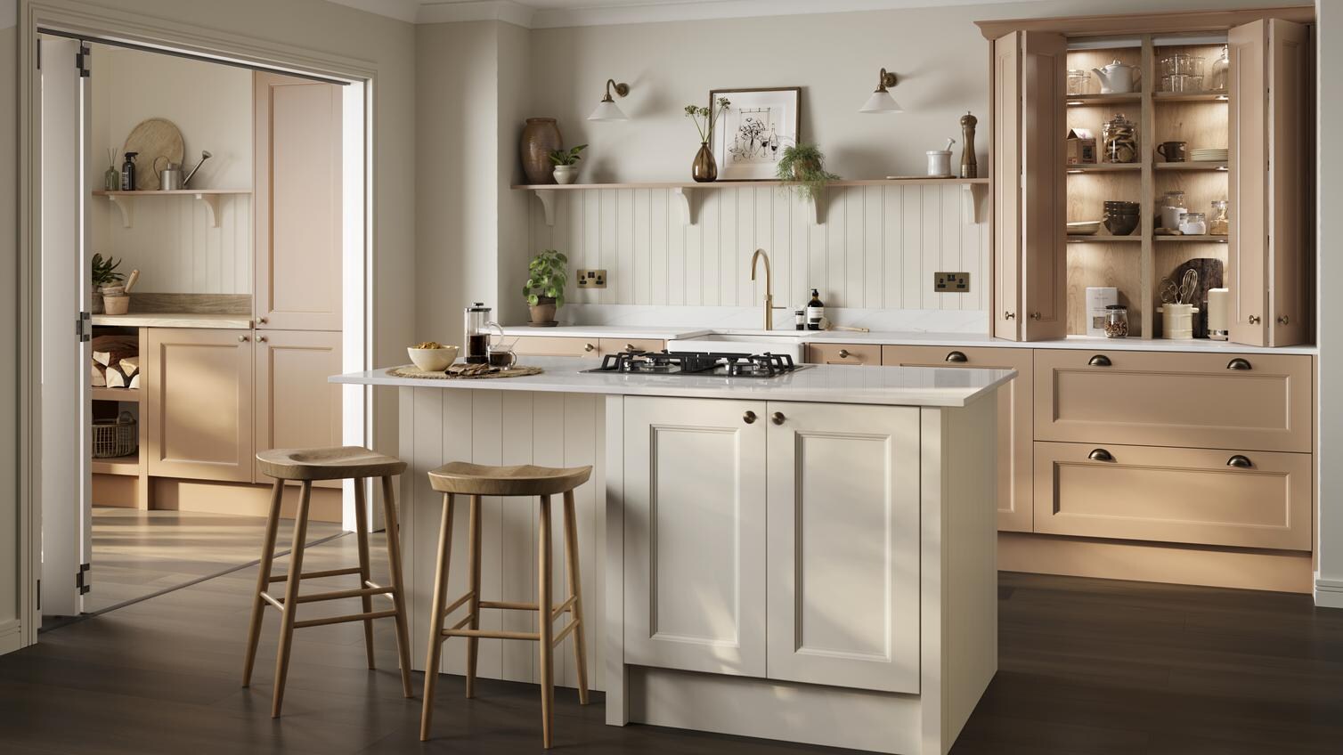 A teracotta single wall kitchen with shaker doors and a white island. It has white worktops and dark oak plank flooring.