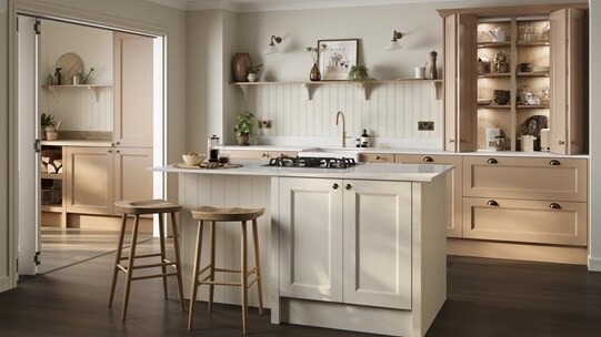 A teracotta single wall kitchen with shaker doors and a white island. It has white worktops and dark oak plank flooring.