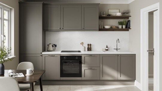 A grey kitchen in a shaker, single-wall layout. It includes grey tile flooring, white worktop, and a matching splashback.