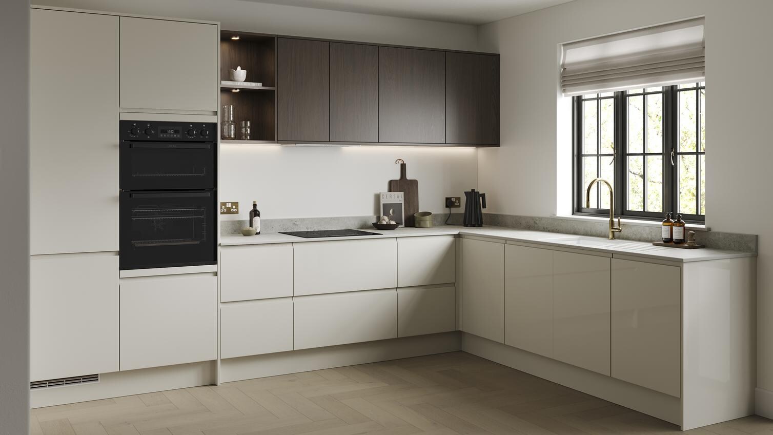 Clerkenwell Gloss Porcelain and  Textures Dark Oak Kitchen Set Shot