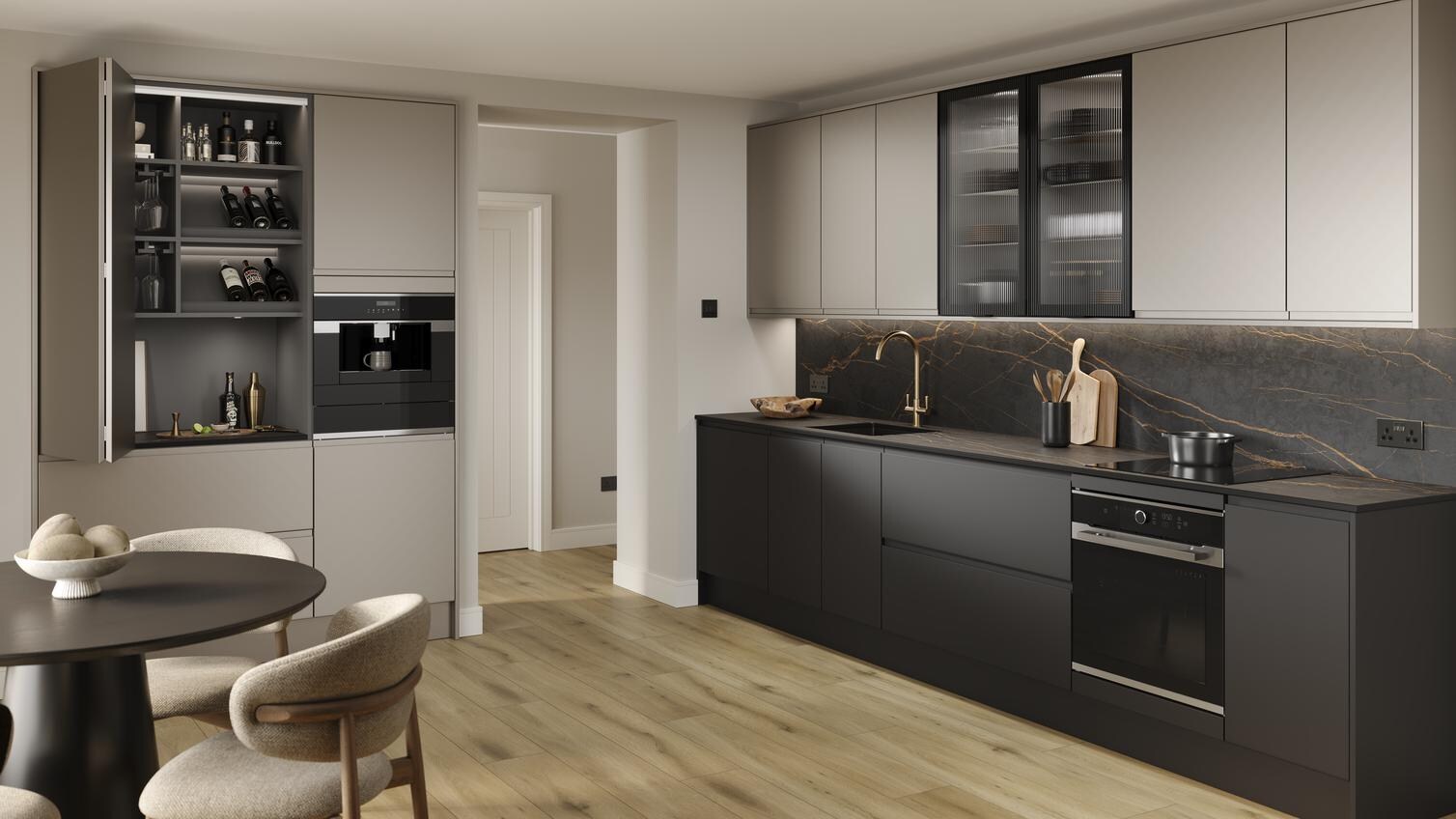 A titanium kitchen with a metallic effect and matt finish. There is a black marble-style backsplash and black base units. 