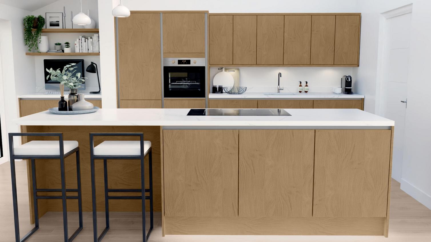 Greenwich Natural Oak Handleless EKES Island Main Set Shot