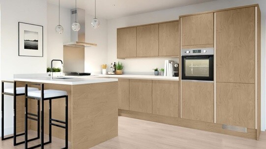 Greenwich Natural Oak Handleless EKES Peninsula Main Set Shot