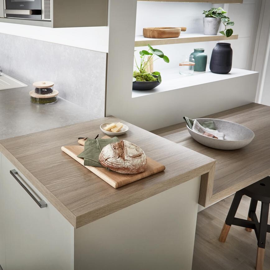 Light Stone Effect and Grey Oak Effect square edged worktops