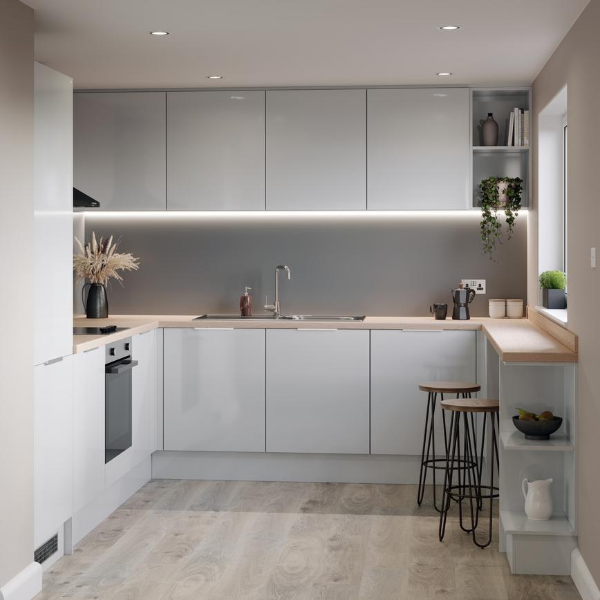 Small u shape kitchen with grey gloss kitchen doors, full height fridge freezer led lighting and beech kitchen worktop.