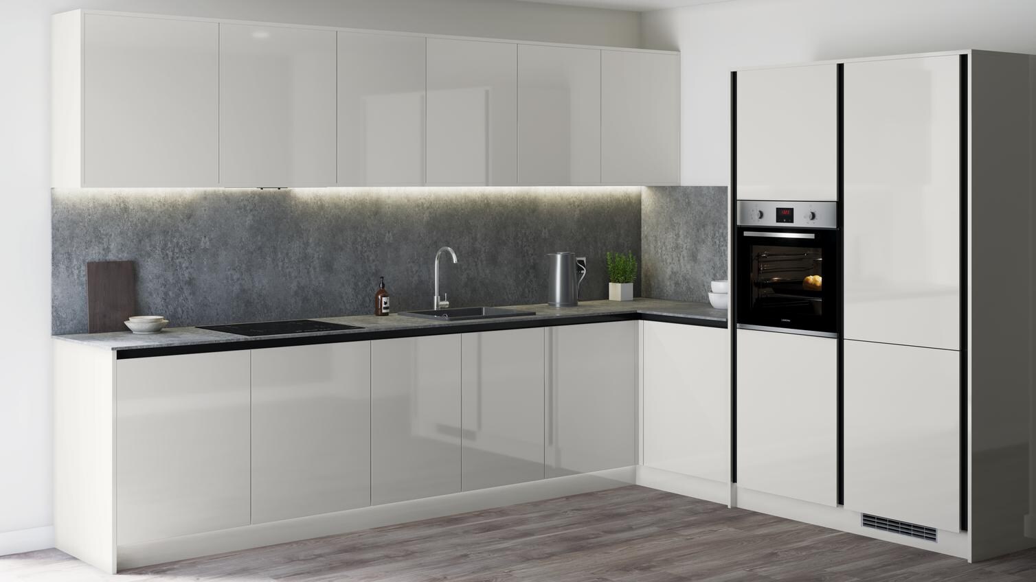 Modern grey gloss kitchen with industrial look grey worktop, matching splashback in an l shape with full height wall units.