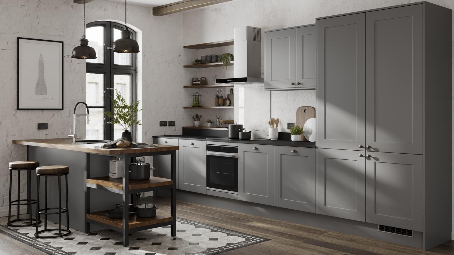 Slate grey shaker kitchen with island style sink and overhanging breakfast bar. Open shelving and exposed white brickwork.