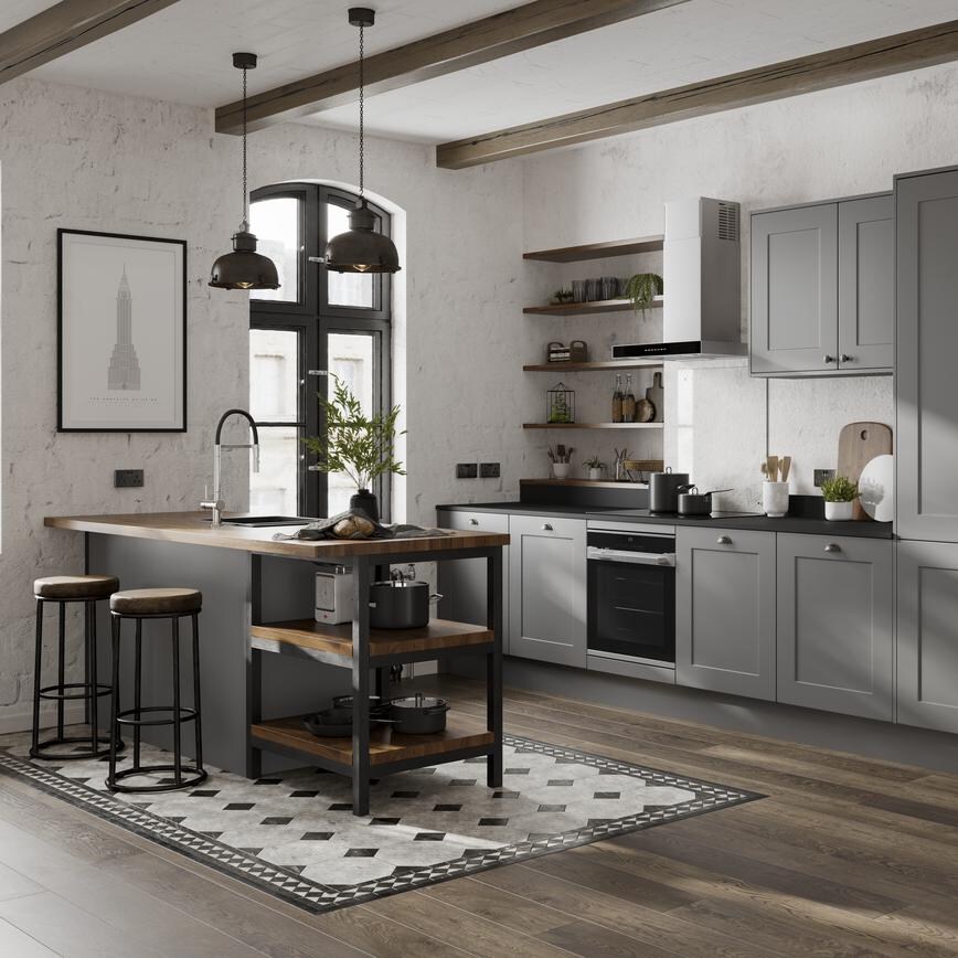 Slate grey shaker kitchen with island style sink and overhanging breakfast bar. Open shelving and exposed white brickwork.