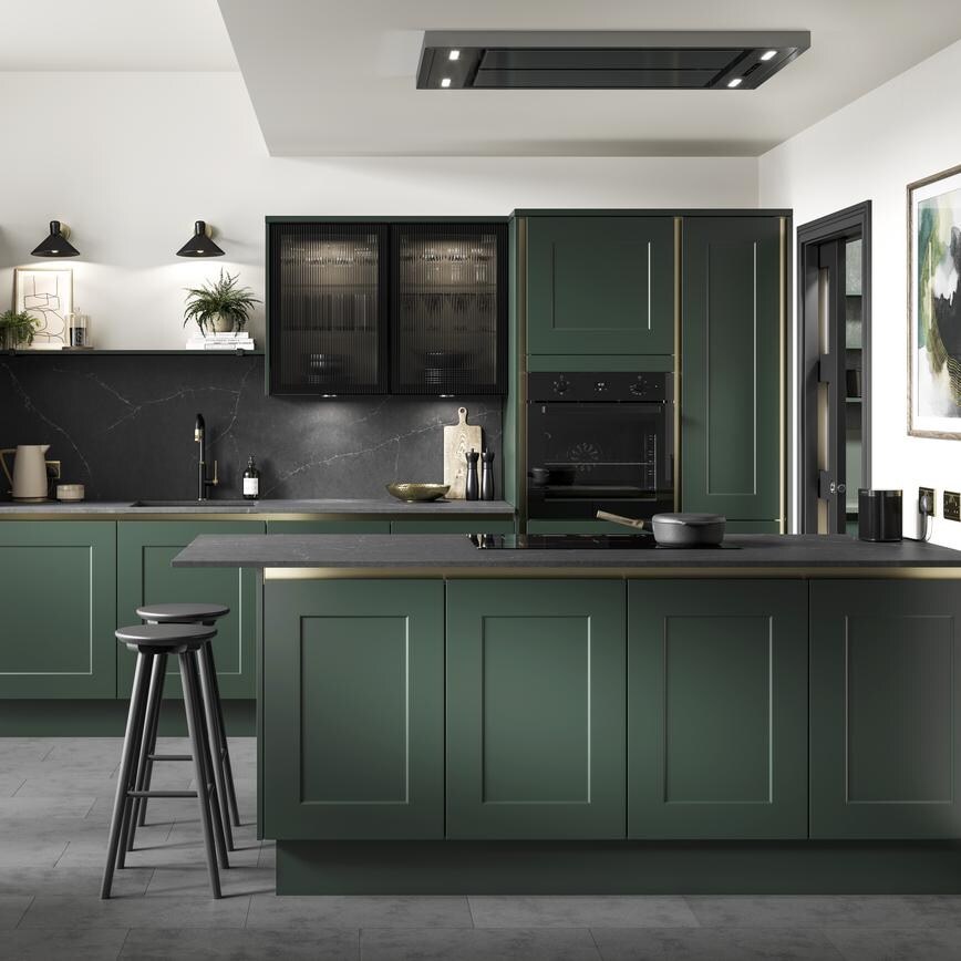 Chelford Fir Green Handleless Main Kitchen Set Shot 