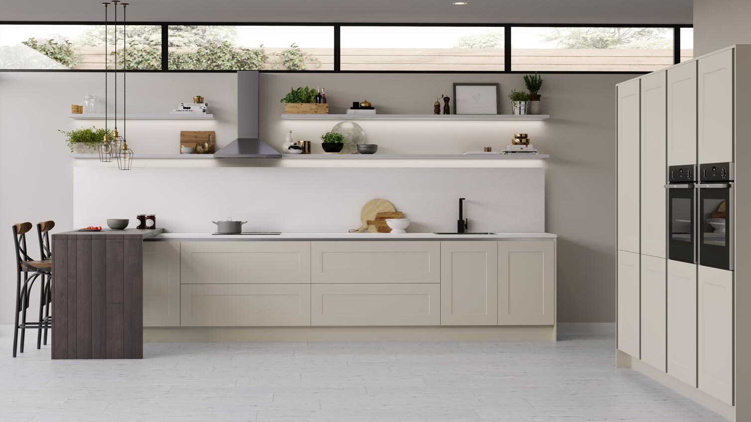 Contemporary ivory cream handleless shaker style kitchen, spacious open wall shelving and breakfast bar
