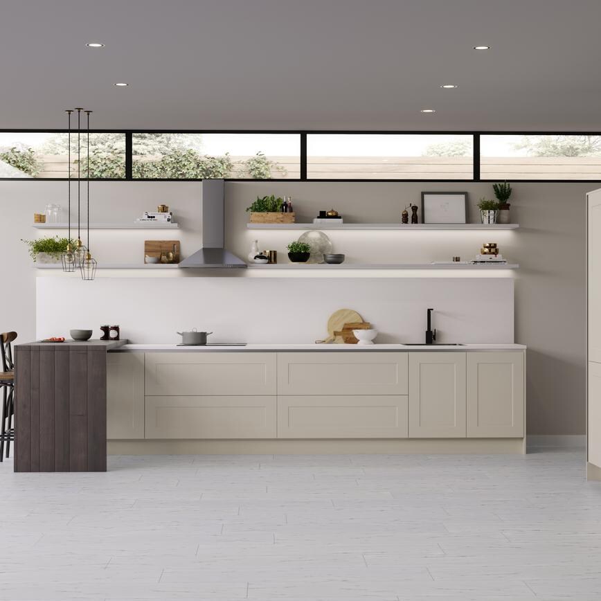 Contemporary ivory cream handleless shaker style kitchen, spacious open wall shelving and breakfast bar