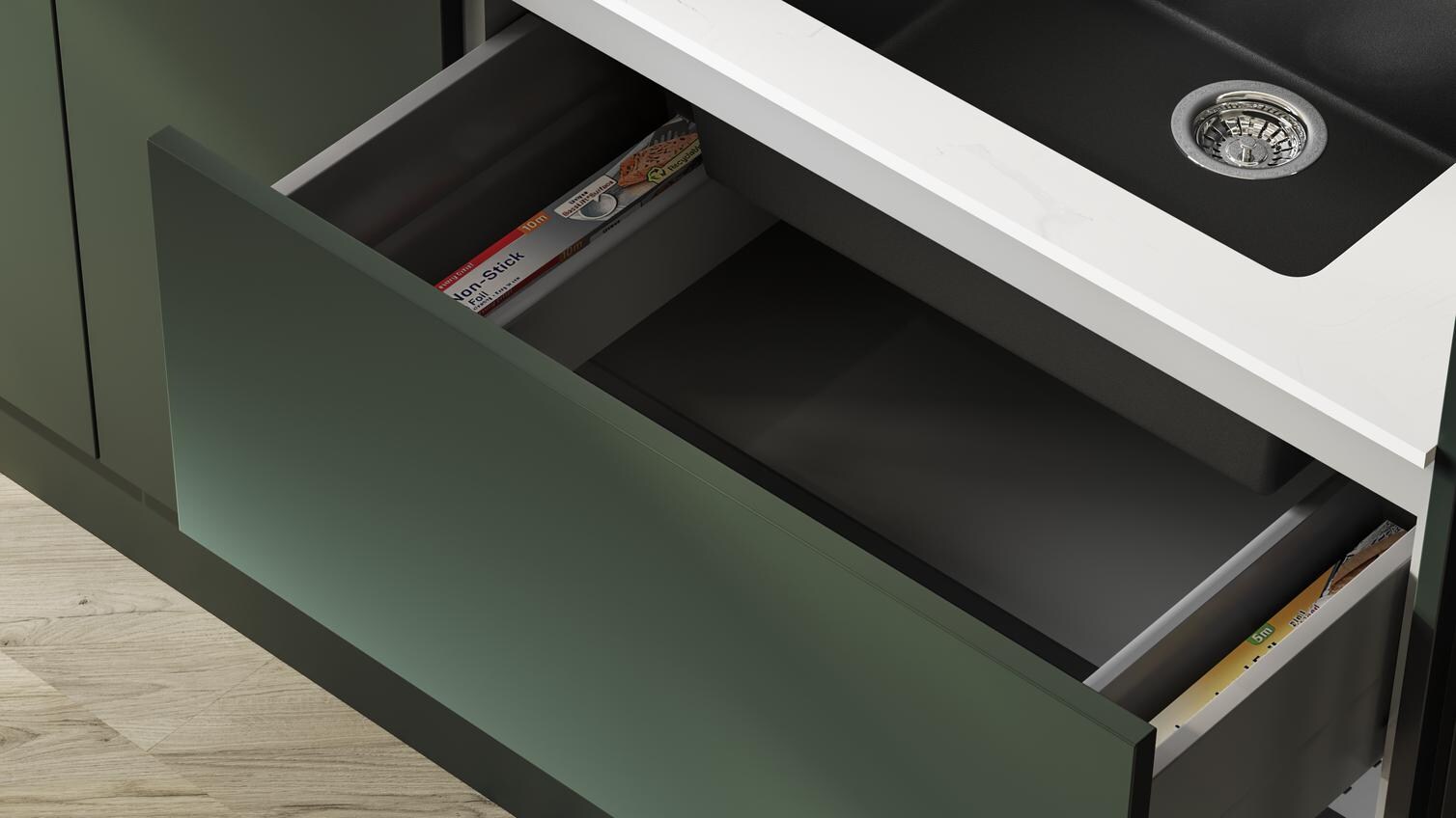 Hockley Super Matt Fir Green Handleless Under-Sink Drawer