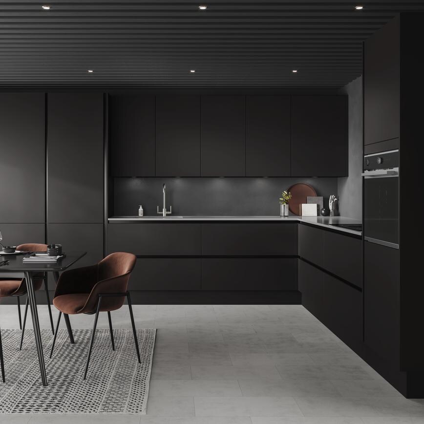 Handleless black kitchen idea using charcoal slab doors and black trims. Includes larders and drawers in a L-shaped layout.