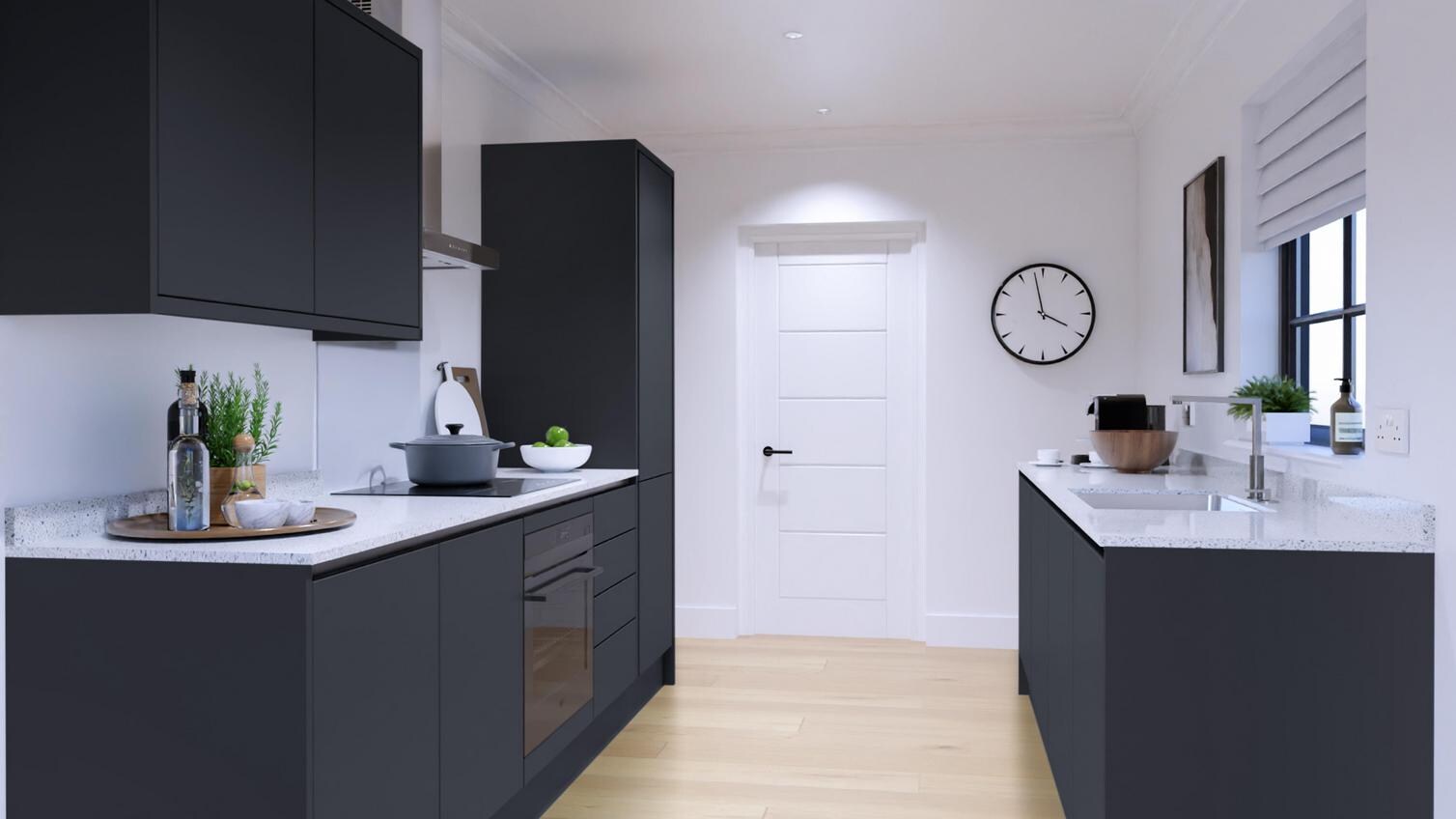 Hockley Super Matt Navy Handleless EKES Galley Main Set Shot