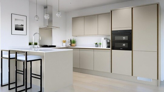 Hockley Super Matt Handleless Sandstone EKES Pensinula Main Set Shot