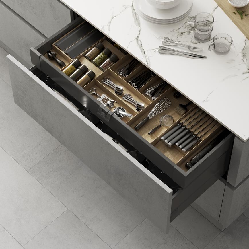 Hockley Super Matt White & Concrete Handleless Drawer Detail