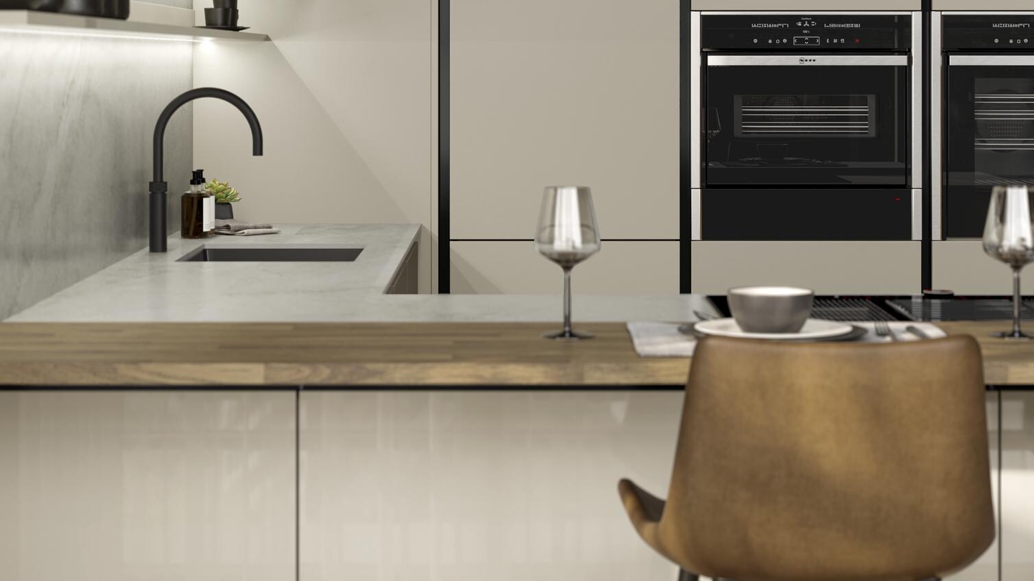 Hockley Mirror Gloss Sandstone Handleless Breakfast Bar Cameo