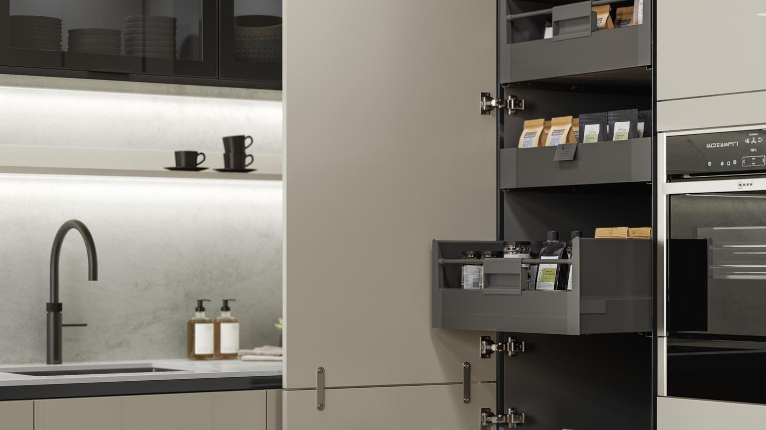 Hockley Mirror Gloss Sandstone Handleless Cupboard Storage Cameo