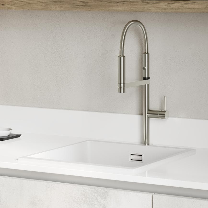 Hockley Textures White Stone and Oak Handleless Sink & Tap 