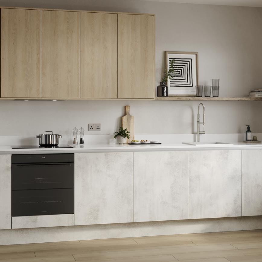 Hockley Textures White Stone and Oak Handleless Alternative Set Shot