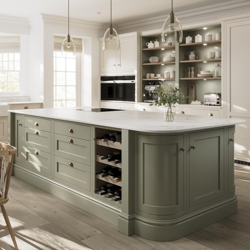 A sage green shaker kitchen from Ilfracombe, in a single wall layout. It has a sage green kitchen island and oak flooring. 