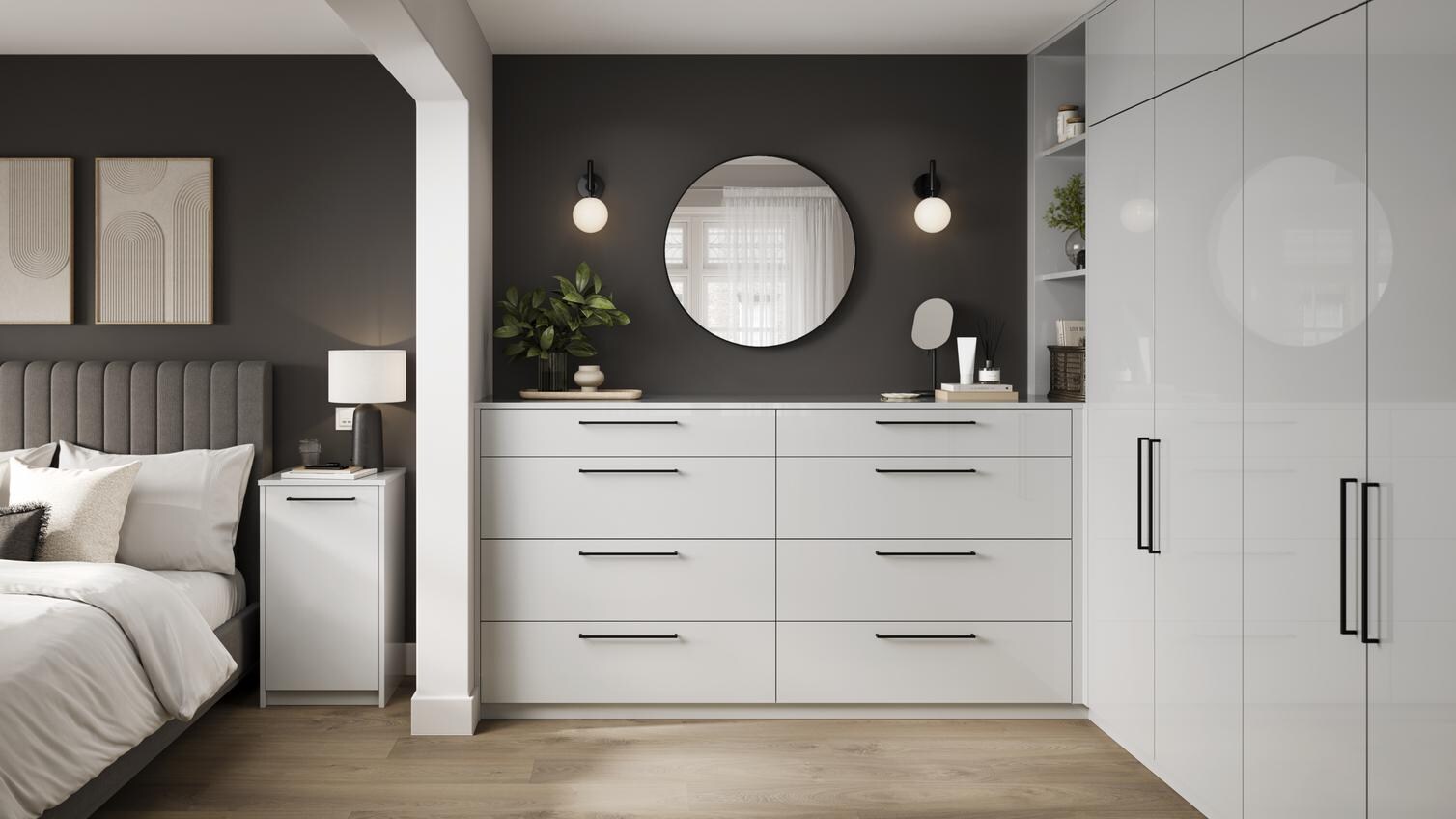 Hockley Gloss Dove Grey Bedroom Warderobe, Drawers, and Bedside Table