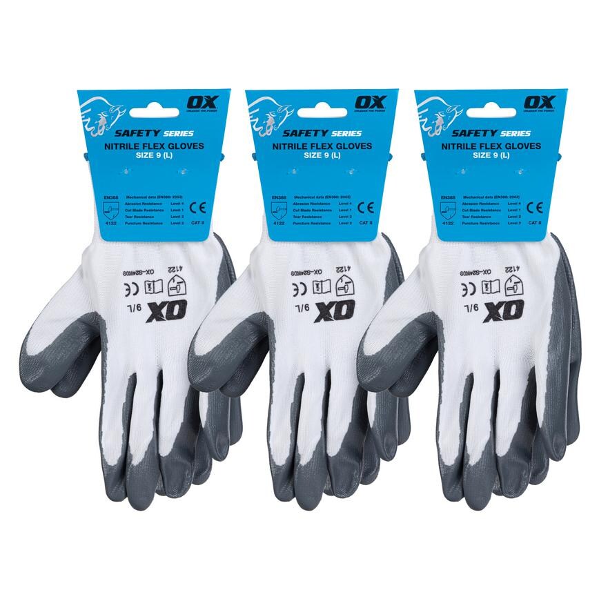 OX Grey and White Large Secure Handling Gloves Pack of 3