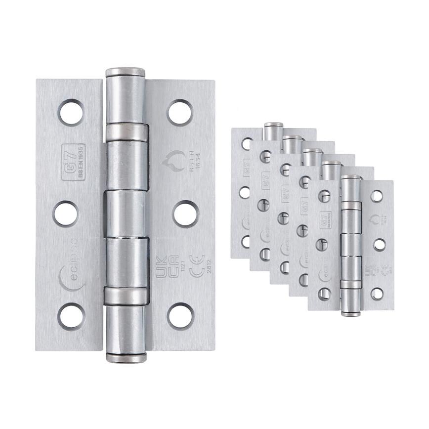 Eclipse Satin Chrome 76mm x 51mm Light Duty Grade 7 Ball Bearing Fire Rated Butt Hinge Pack of 6