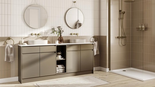A bronze bathroom with a metallic effect and matt finish. There are two vanity units, shower tray, and oak-effect flooring. 