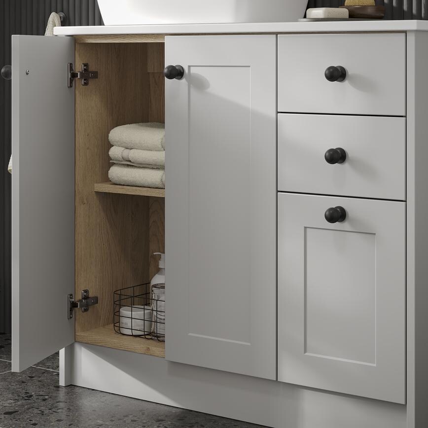 Frome Dove Grey Bathroom Open Cupboards