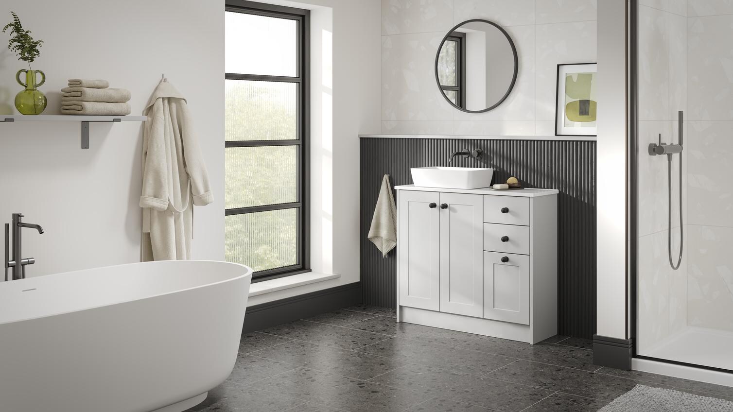 A single-wall, shaker bathroom in a dove grey tone. It has tile flooring, a ceramic sink, and dark oak wall panelling.