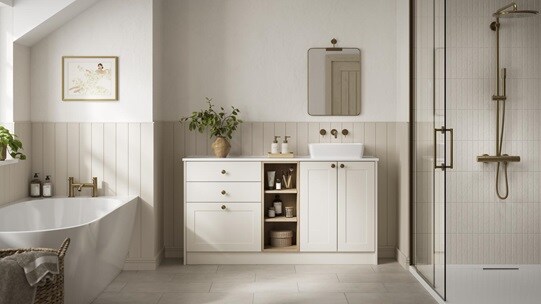 A single-wall, shaker  bathroom in a porcelain tone. It has a white worktop, a small ceramic sink, and handles and taps.