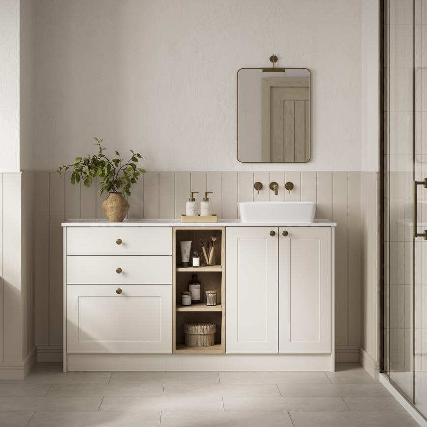 A single-wall, shaker  bathroom in a porcelain tone. It has a white worktop, a small ceramic sink, and handles and taps.