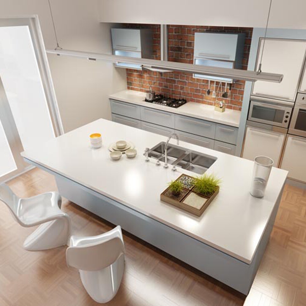 A white kitchen island with an apollo worktop.