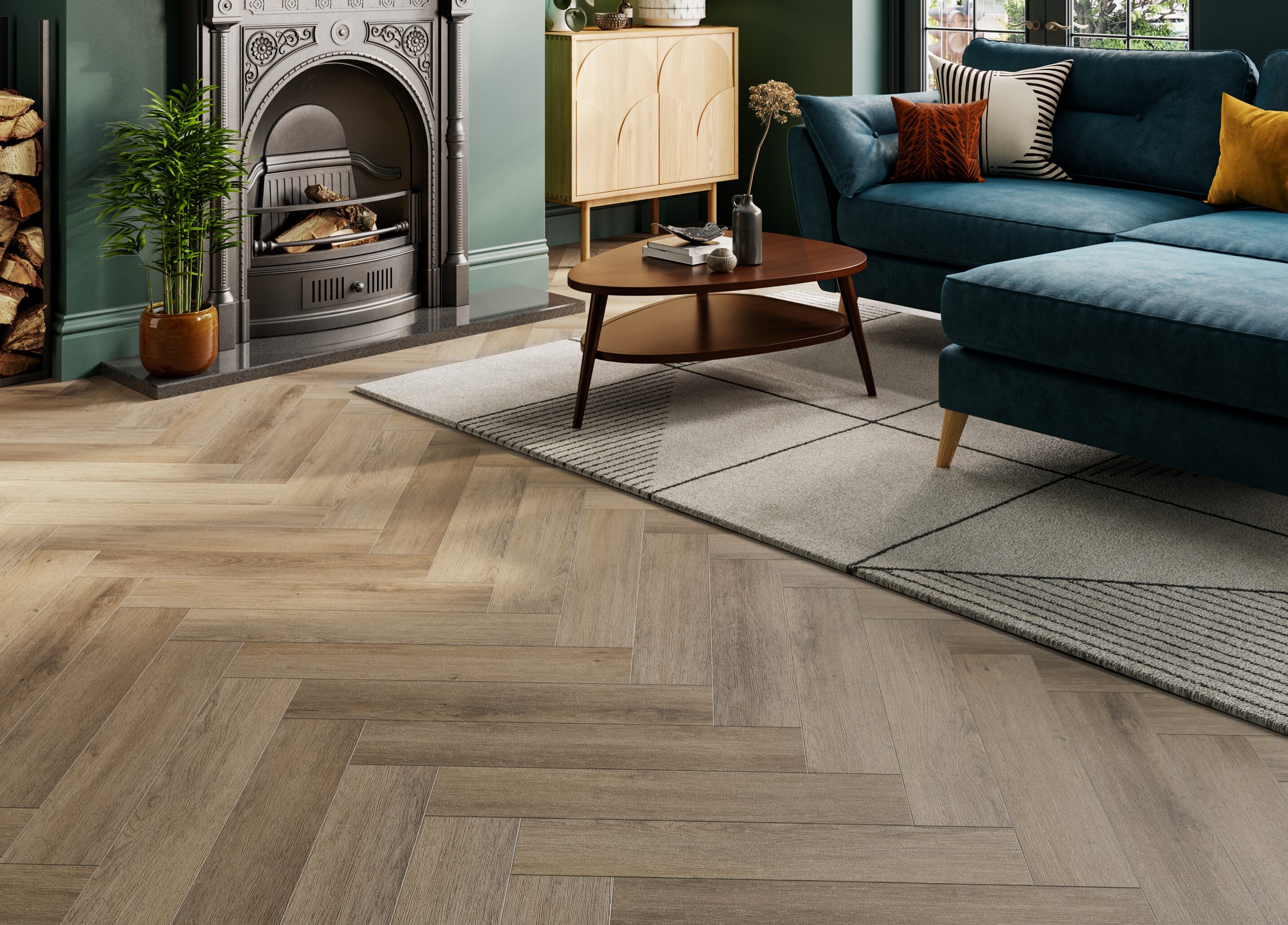 Living room with dark, oak-effect laminate flooring in a herringbone design