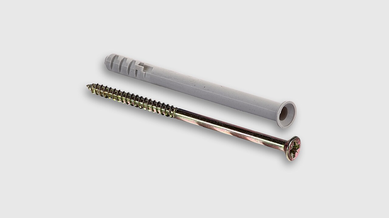 Product image of a frame and hammer fixing including plastic sleeve and screw.