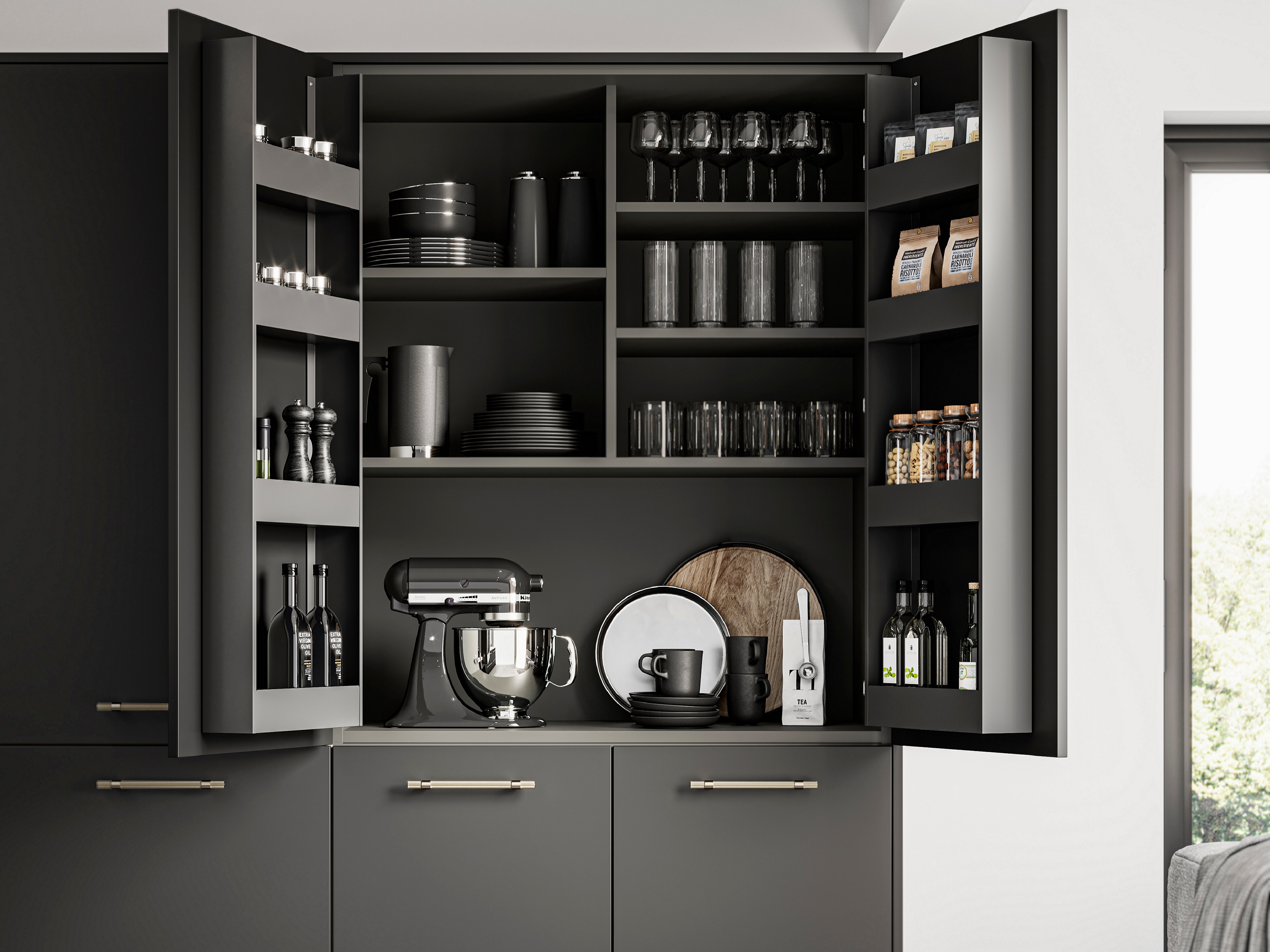 Charcoal cabinetry used to make a dark-coloured larder pantry, with matching door balconies