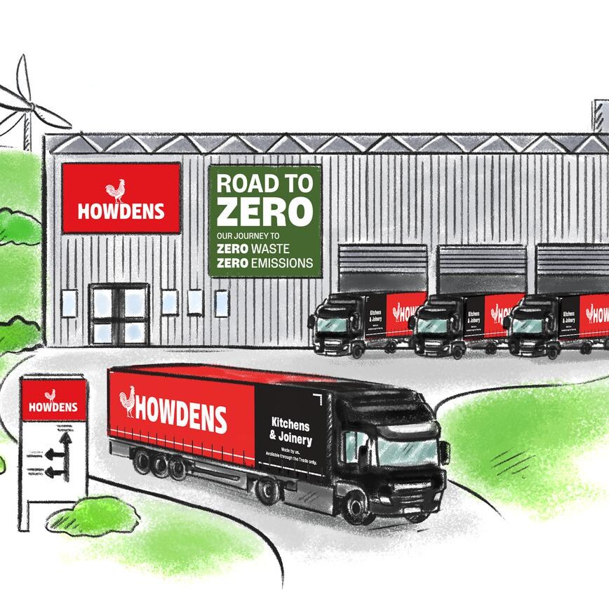 Illustration of a Howdens factory with a truck outside it