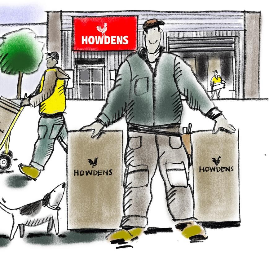 Illustration of a builder in front of depot with Howdens boxes
