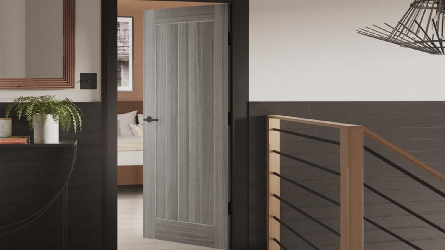 A grey holdenby door on a monochrome landing