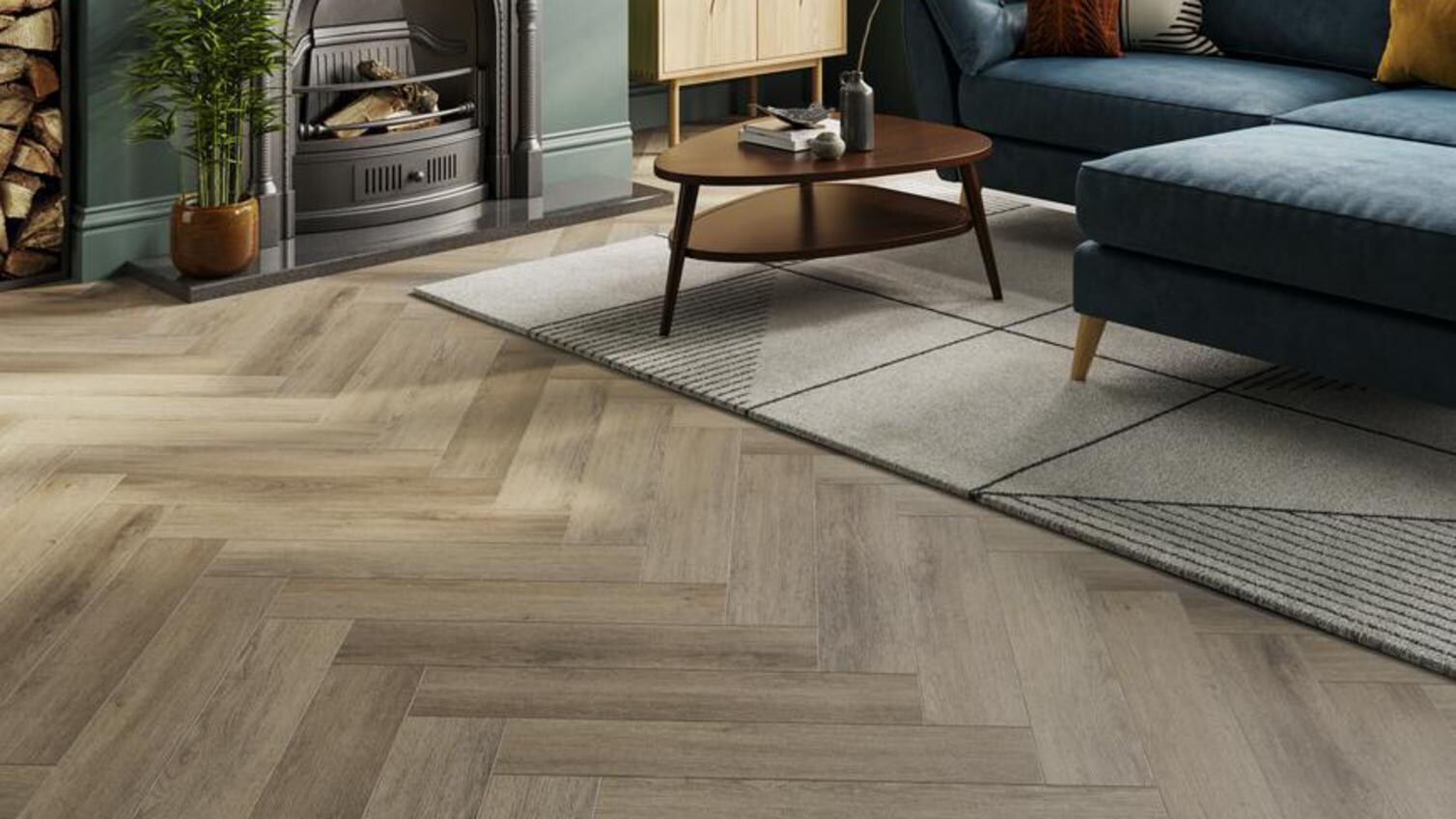 Stylish and durable herringbone florring in a large, modern sitting room