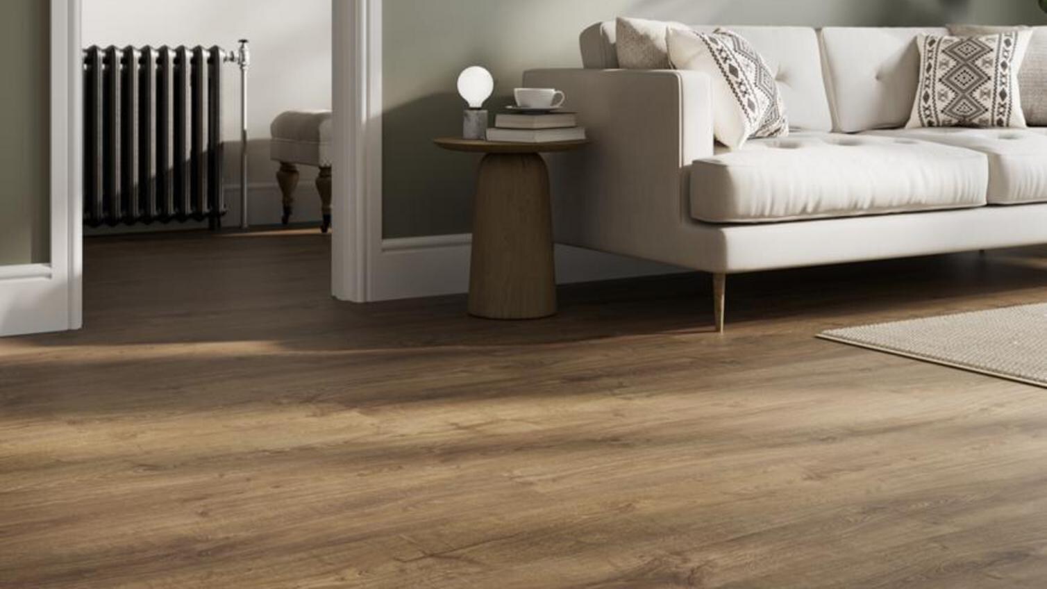 Oak flooring in a contemporary, green living room
