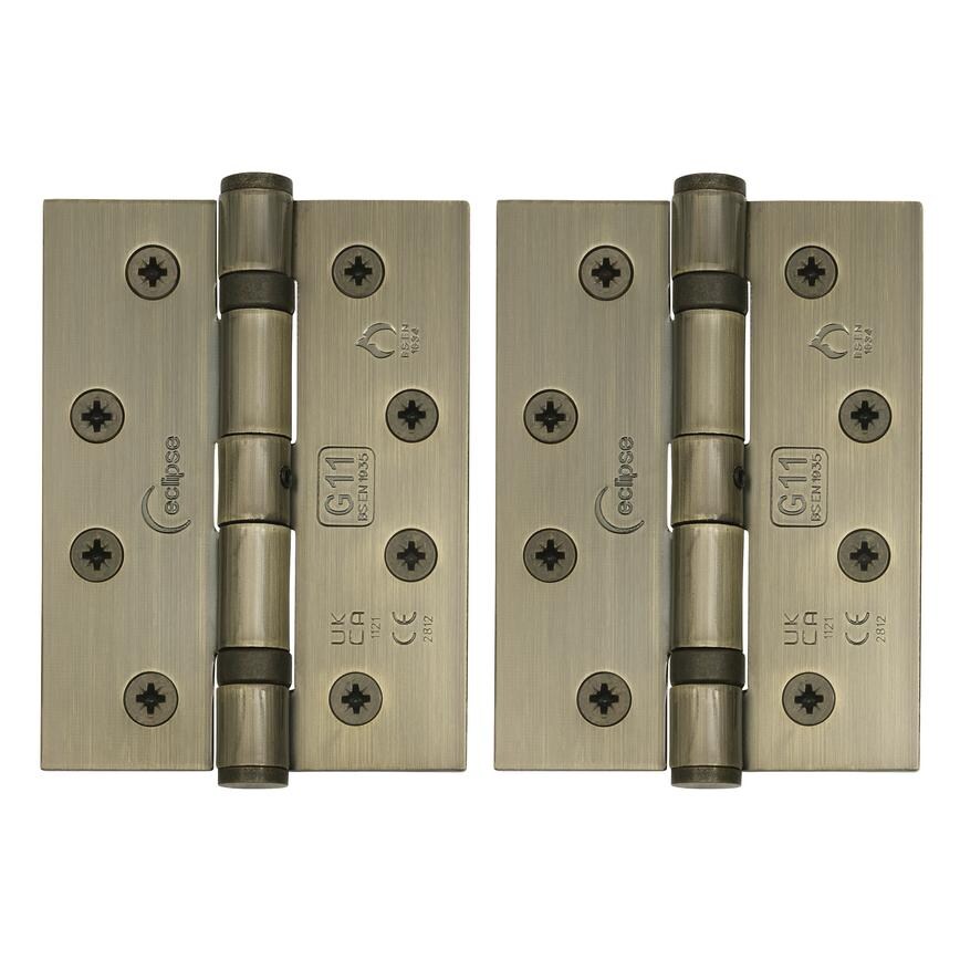 Eclipse Antique Brass 102mm x 76mm Heavy Duty Grade 11 Ball Bearing Fire Rated Butt Hinge Pack of 2