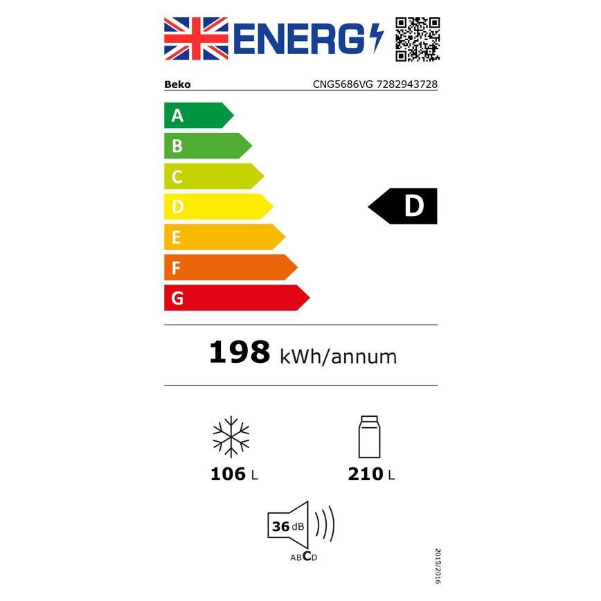 UK Energy Label Beko CNG5686VG Freestanding 60:40 Stainless Steel Fridge Freezer