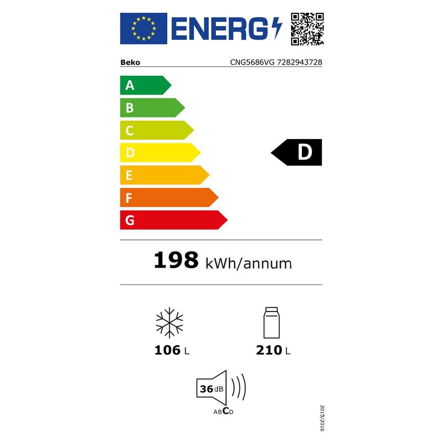 EU Energy Label Beko CNG5686VG Freestanding 60:40 Stainless Steel Fridge Freezer
