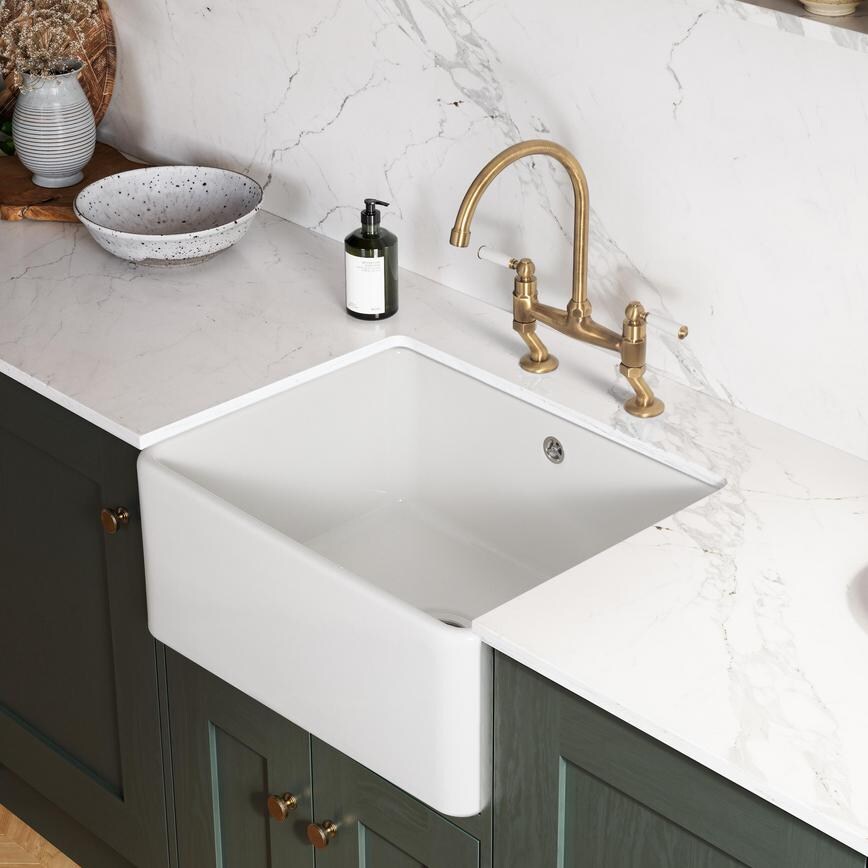 Rangemaster Single Bowl Ceramic Sink in a Dark Green Shaker Kitchen