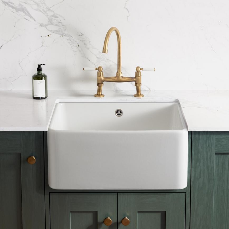Rangemaster Single Bowl Ceramic Sink in a Dark Green Shaker Kitchen, Front On View