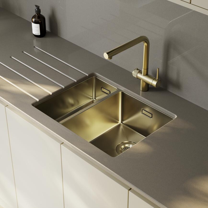 Easton 1.5 Bowl Brushed Brass Sink Featuring Hockley Porcelain Handleless